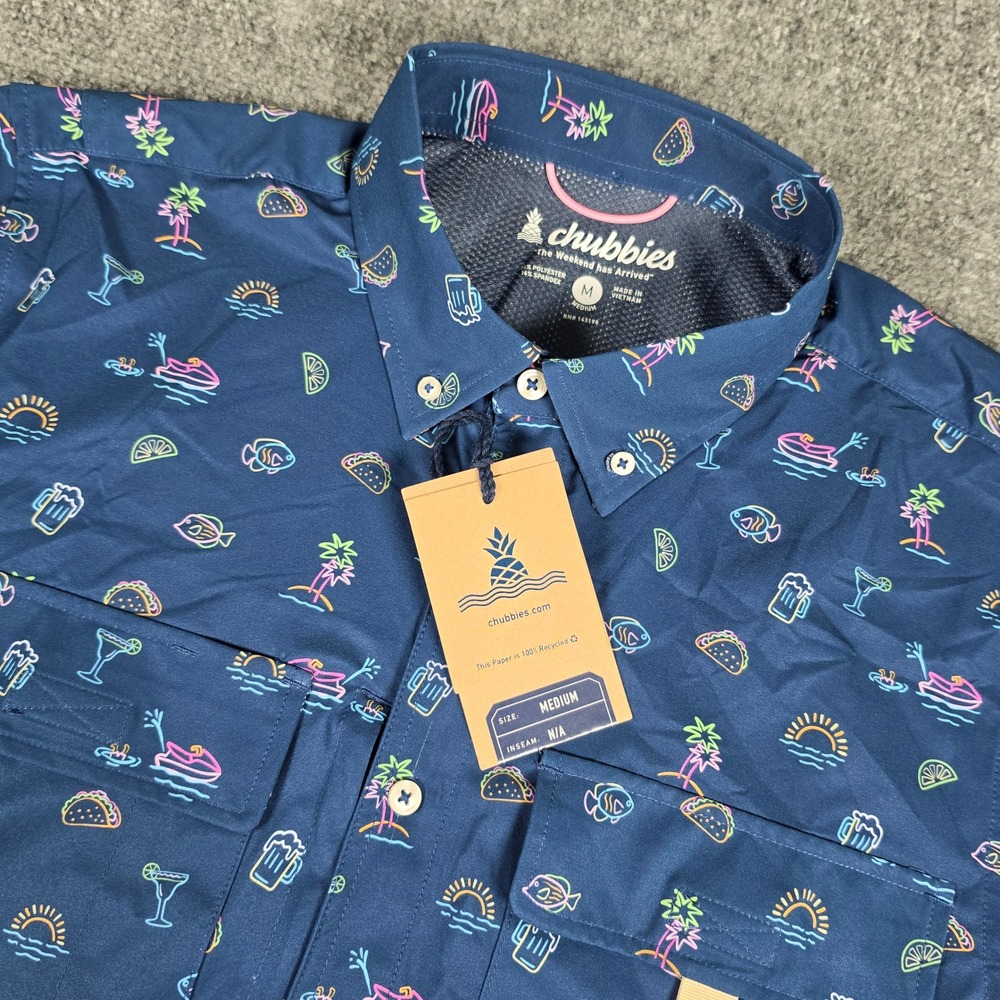 Chubbies Button Down Shirt Mens Medium Blue Margarita Monday UPF Neon NWT